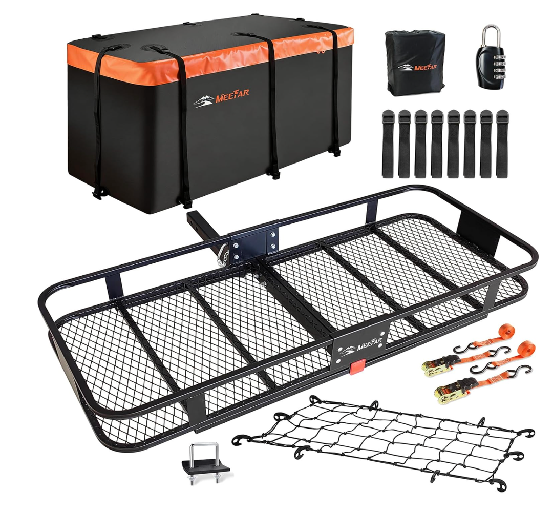 Hitch Mount Cargo Carrier Basket 60"*25"*6"+Waterproof Bag 25 Cubic Feet(60"*24"*31"),and Cargo Net with Attachment Hooks,Ratchet Straps,Hitch Stabilizer.500 Lbs Capacity,Foldable,fit 2" Receiver(heavy metal frame of the basket is bent and the mesh i