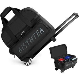 Bowling Ball Bag with Wheels, 2 Ball Trolley Bowling Bags with Large Separate Shoe Compartment and Oversized Accessory Pocket