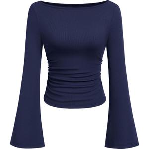 PRETTYGARDEN Womens Long Sleeve Shirts 2026 Spring Crop Going Out Tops Casual Boat Neck Bell Sleeve Ribbed Ruched Y2K Clothes (Large, Navy Blue)