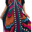 sunforyou Kaftan Dresses for Women Plus Size Lightweight Swimsuit Cover up Batwing Sleeve Print Loungewear Beach Robe, Size L