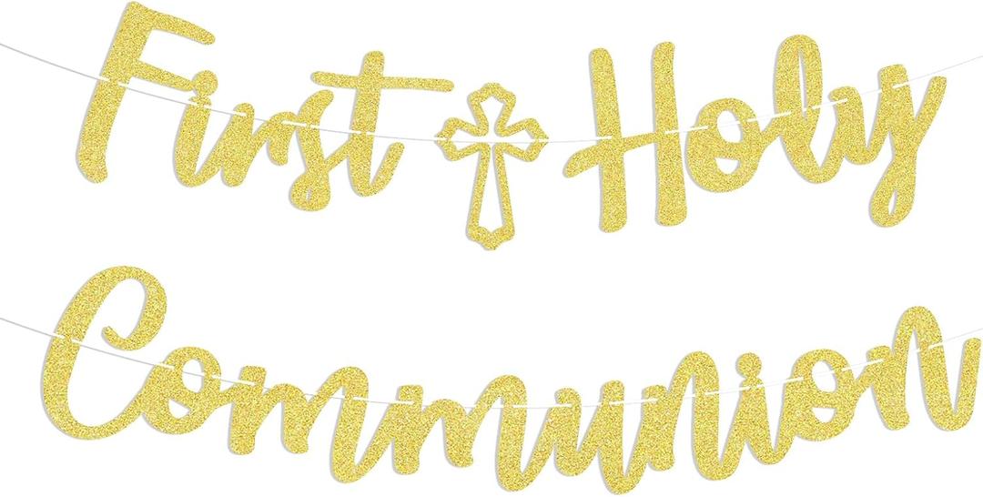 Hemicha Gold Glitter First Holy Communion Banner, Religious Occasion Banner for Kids' First Holy Communion, Baptism, Baby's 1st Birthday