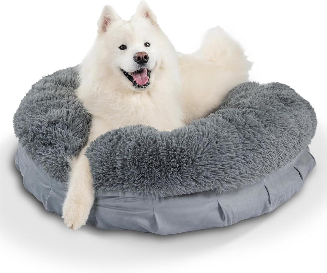 Best Friends by Sheri Ultra Calming Pouf Bed, Orthopedic Round Dog Bed for Joint Support, Faux Fur, Washable Cover, Tan, Large, 36"x36"