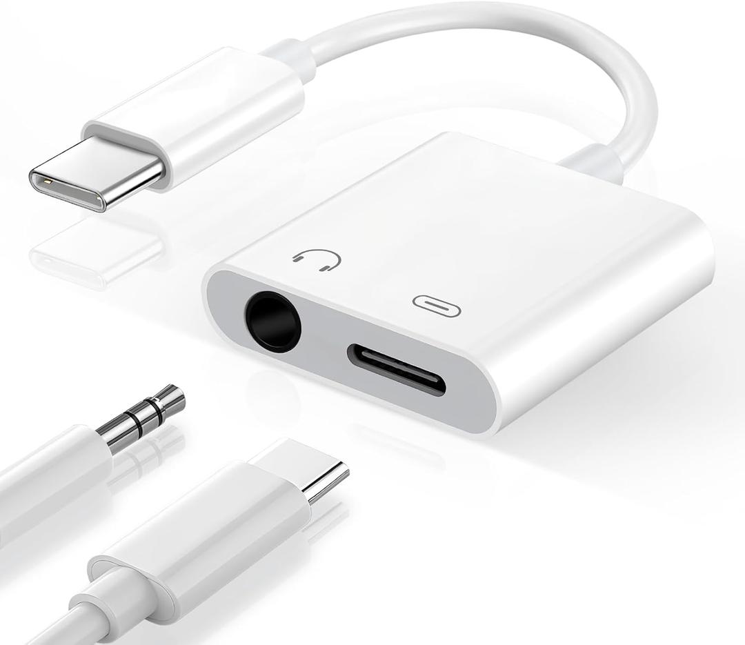 USB C to 3.5mm Headphone Jack and Charger Adapter, 2-in-1 Audio & Fast Charging Splitter for Apple iPhone 17/16/15/Pro/Pro Max, iPad, Samsung, Pixel, and More 1Pack