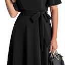 Bbonlinedress Women Midi Vintage Cocktail Party Tea Dress Short Sleeve Formal Wedding Guest Church Modest Dress (Black, M)
