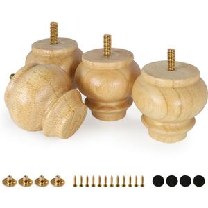 FoDau770 Rubber Wood Furniture Legs 3 Inch, Mid-Century Modern Couch Feet Heavy Duty Sofa Legs Set of 4, Vintage Dresser Feet Round Ottoman Leg Bun Feet Replacement Leg for DIY Furniture Projects