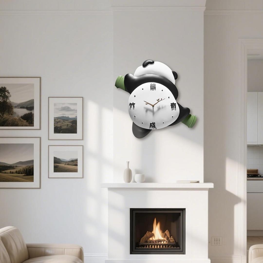 23 Inch Large Silent Wall Clock, Panda with Bamboo Design Wall Decor for Living Room, Modern Chinese Style Metal Clock with Wooden Hands, Art Decorative Clock for Home, Office, Gift