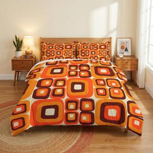 Comforter Set King Size, 70S Retro Orange Soft Bedding for Kids and Adults, Abstract Brown Yellow Beige Comforter Set with 2 Pillowcases for Bedroom Bed Decor