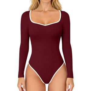OQQ Women Bodysuit Contrast-Trim Square Neck Long Sleeve Stretch Bodysuit Tops (Medium, Darkred)