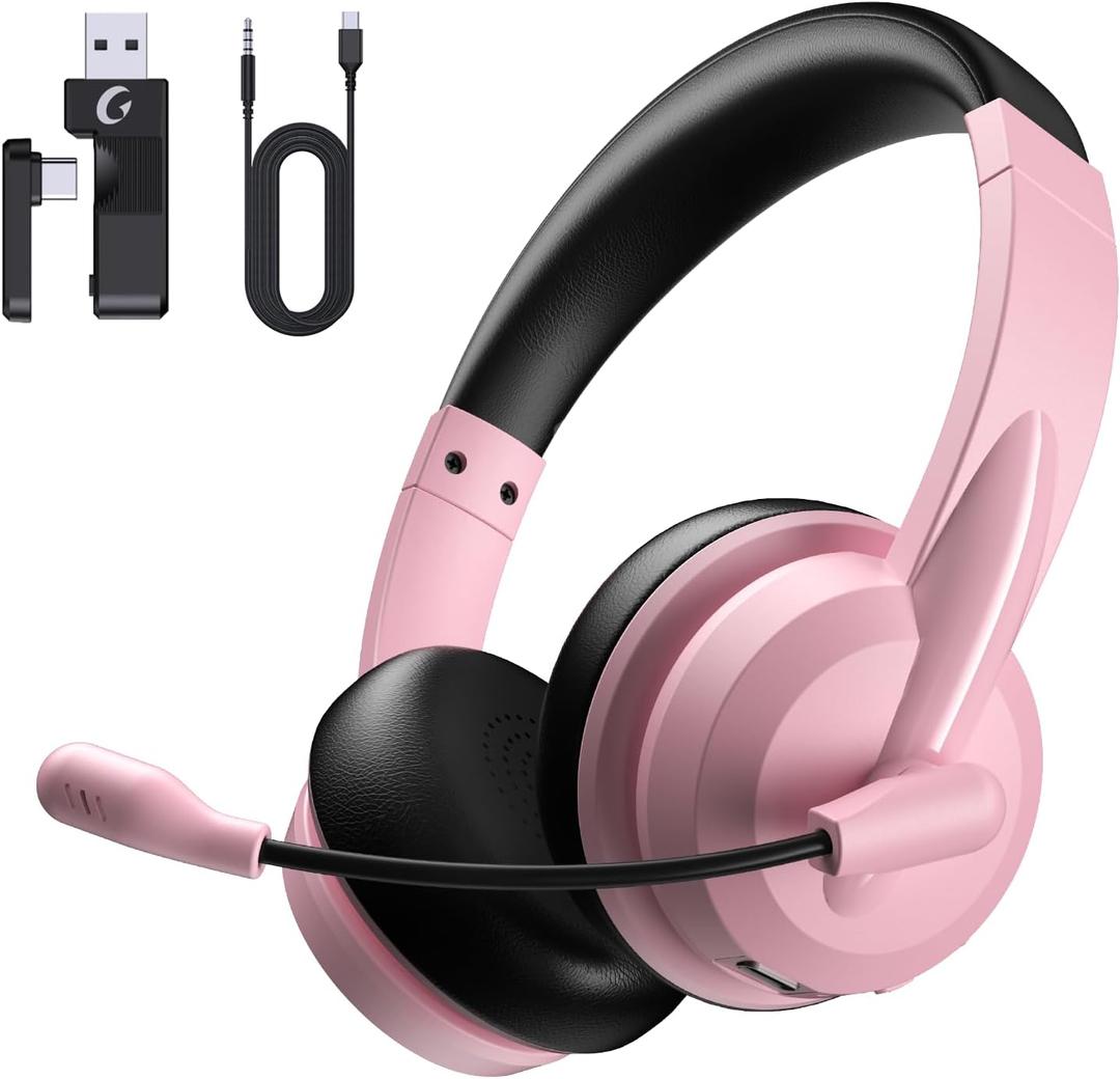Wireless Headset with Mic for Work with AI Noise Cancelling Mic for Clear Calls, Bluetooth V5.3 Headphones with Microphone to USB A/C Dongle & Mic Mute for Computer Laptop PC iPhone (Pink Black)