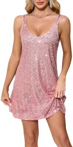 Trancylight Women's Glitter Sequin Dress Spaghetti Strap V Neck Party Cocktail Sparkly Mini Dress Clubwear XXL