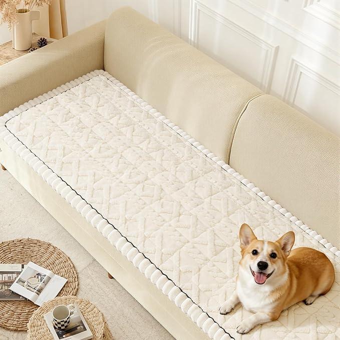 Arfntevss Couch Cover for Dogs Plush Washable Sofa Covers for 3 Cushion Couch Pet Friendly Fuzzy Sofa Slipcovers 3 Seat Anti-Slip Dog Proof Mat Sectional Furniture Protector (Boho White, 27.6" x 83")