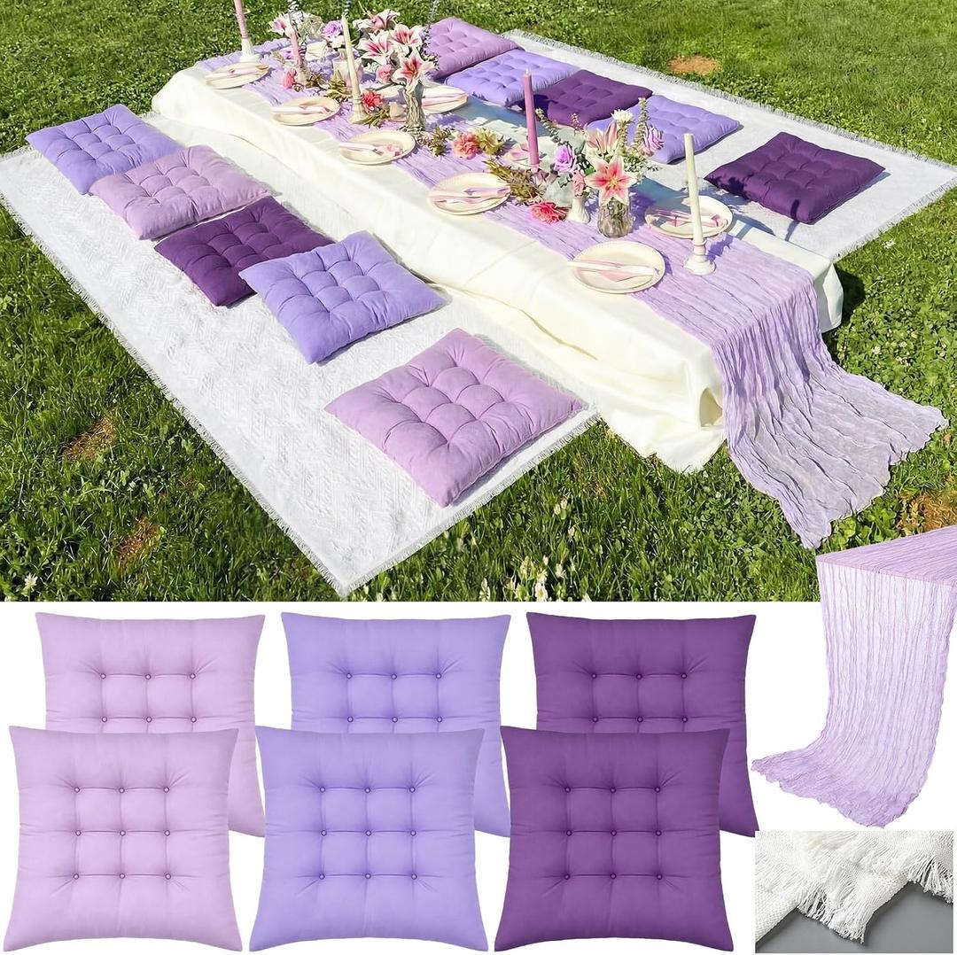 Extra Large Outdoor Picnic Blanket with Table Runner and Floor Pillow Cushion for Picnic Wedding Birthday Baby Shower Backyard(91 x 71'',Purple,6-Person)