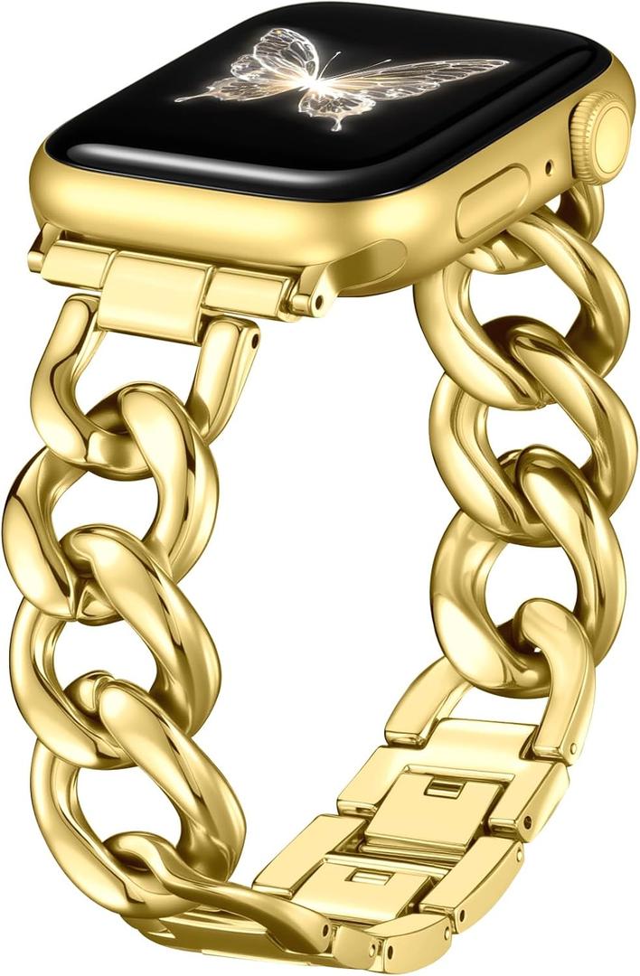 DaQin Gold Band Compatible with Apple Watch Bands for Women 40mm 38mm 41mm 42mm 44mm 45mm 46mm, Metal Chain Link Steel Replacement Accessories Bracelet for iWatch Bands Series 11 10 9 8 7 6 5 4 3 2 1
