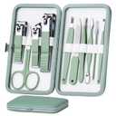 Manicure Set 10 in 1 Stainless Steel, Nail Clippers Scissors Pedicure Tools Kit - Portable Travel Grooming Kit for Men and Women with Leather Case (Jade Green)