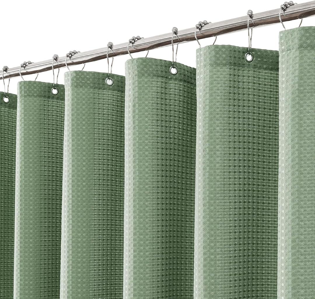 meioro Sage Green Shower Curtain, Waffle Weave 256GSM Heavy Duty Textured Fabric Shower Curtains for Bathroom Hotel Spa, Luxury Weighted Polyester Cloth Bath Curtain Set with 12 Hooks, 72Wx78H