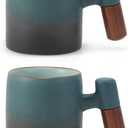 2.5oz Ceramic Espresso Cups with Wooden Handle, Porcelain Espresso Shot Cups Set of 2, Demitasse Cups for Coffee or Tea, Black, Blue