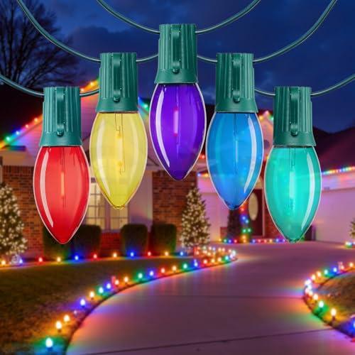 C9 LED Christmas Lights Outdoor, 150 FT 150Colored Bulbs Vintage C9 Connectable String Lights for Christmas Tree Roofline Patio Garden Backyard Holiday Party Indoor Outdoor Decoration, Green Wire