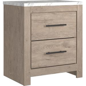 Signature Design by Ashley Senniberg Modern 2 Drawer Nightstand with Faux Marble Top, 24.72" Tall, Light Brown & White