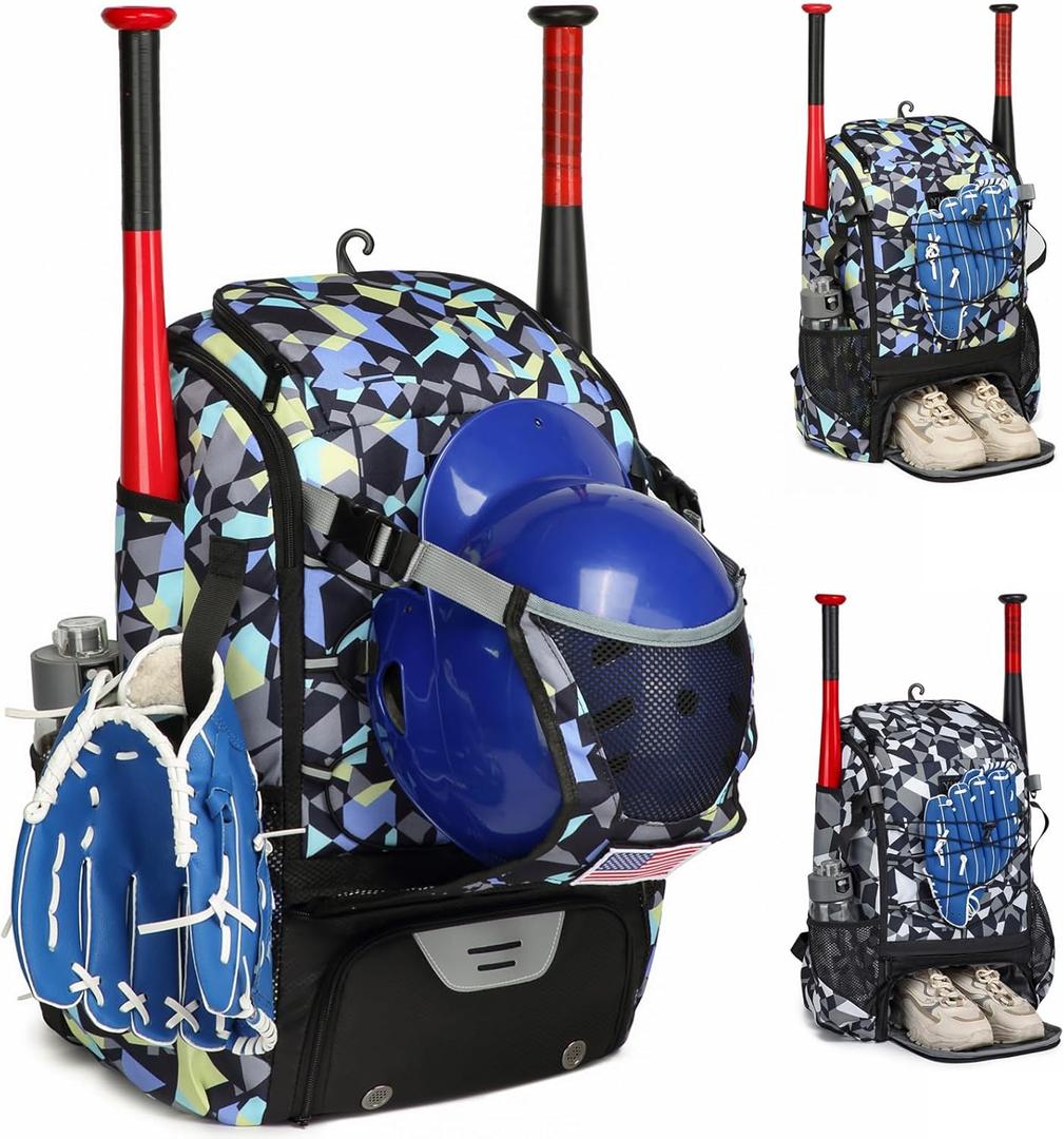 Softball Bag,Softball Bat Bag For Youth Adults,Baseball Bag with Fence Hook for TBall Bat & Equipment,Lightweight Baseball Bat Backpack with Shoe Compartment,Large Main Compartment for Helmet (Blue camouflage)