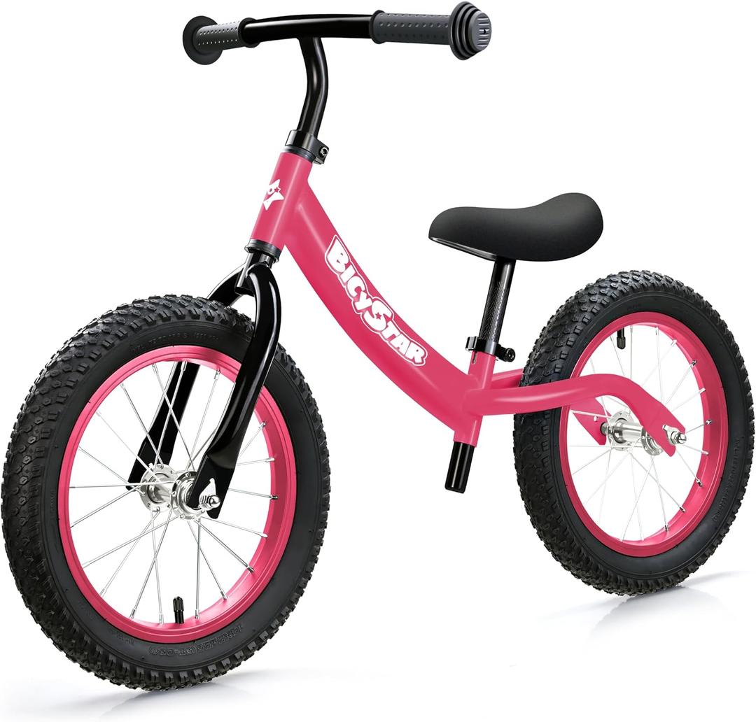 Bicystar 14 Inch Toddler Balance Bike for 3-6 Year Old, Real Rubber Air Tires, No Pedal Kids Bike with Adjustable Seat & Handlebar, Footrest, Gift Bike for 3-5 Boys Girls, Pink