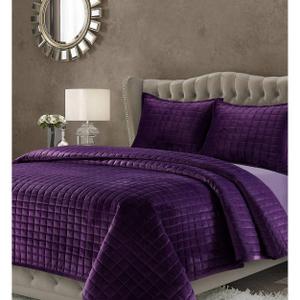 Tribeca Living Luxury Velvet Quilt Set Queen Size Bedding Set, 260 GSM Super Soft Velvet Oversized Comforter Set, Box Stitch Premium Bedspread Coverlet for All Season, with 2 Pillow Shams, Purple