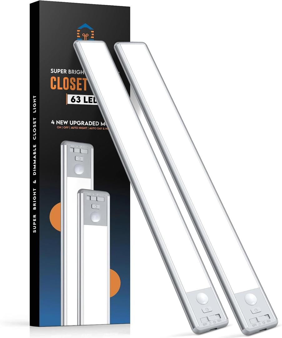 BLS 14.8inch Under Cabinet Lighting, 63 LED Closet Lights, 2500mAh USB C Rechargeable Under Cabinet Lights, Battery Operated Lights, Motion Sensor Light Indoor, Magnetic Night Light for Kitchen 2 Pack