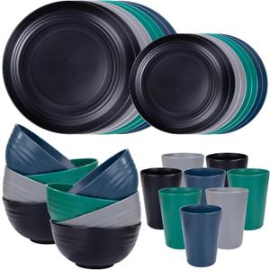 Supernal 32pcs Wheat Straw Dinnerware Sets,Plastic Plates and Bowls Sets for 8,Unbreakable Plates and Bowls Sets Dishwasher Safe Microwave Safe Fun Colors Perfect for Cooking Family Camping Picnics (Blue/Green/Grey/Black)
