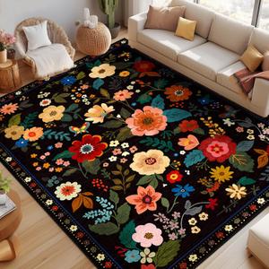 Floral 9x12 Area Rug Machine Washable Boho Carpet Non Slip Doormat Low Pile Flower Area Rugs for Living Room Bedroom Kitchen Dining Room Hallway Entryway Indoor-Black