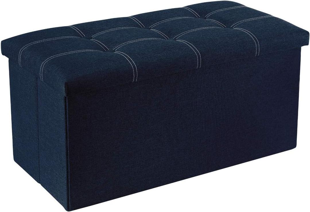YOUDENOVA 30 Inches Folding Ottoman with Storage, Footrest Seat Support 350lbs, Bench for Living Room Bedroom, Linen Fabric Blue, 15"D x 30"W x 15"H