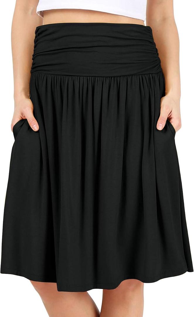 Simlu Skirts for Women Regular and Plus Size Skirt with Pockets Below The Knee Length Ruched Flowy Midi Skirt, Large