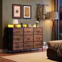 WLIVE Dresser TV Stand for 45, 50, 55 inch TV, Entertainment Center with LED Lights & Charging Station, Chest of Drawers with 9 Fabric Drawers and Open Shelves for Living Room, Hallway, Rustic Brown