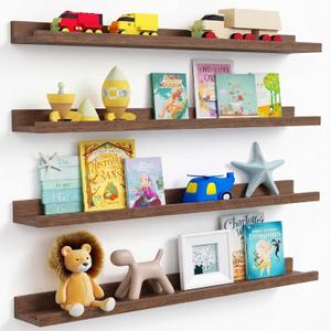 Forbena 36 Inch Picture Ledge Shelf, Floating Nursery Shelves for Wall | Solid Wood Material | Lip Edge | Ideal for Living Room Kids Bedroom Office Photo Frame Display | Walnut Brown | 4 Pack