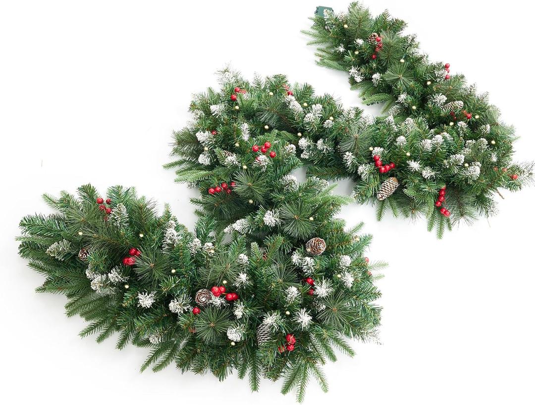 9Ft Artificial Christmas Garland with 50 Lights, Xmas Holiday Decoration Snow Flocked Artificial Garland with Pinecones Berries for Stairs Fireplaces Wall Door for Stairs