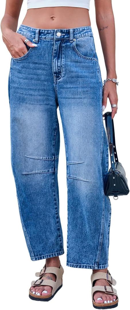 Mid Rise Barrel Jeans for Women Wide Leg Mid Waist Cropped Denim Pants Y2k Baggy Boyfriend Jeans with Pockets (Large, Dark Blue)