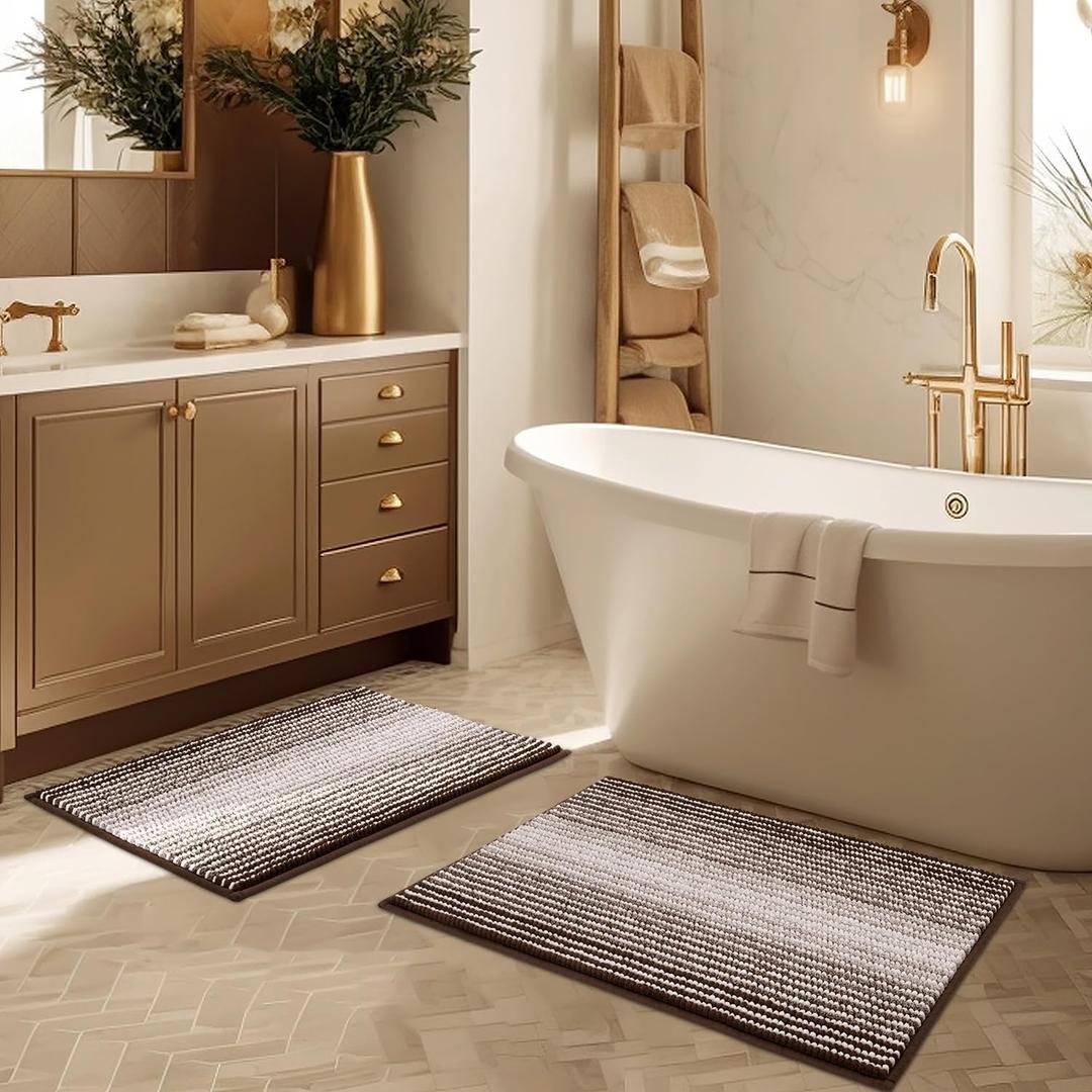 BSICPRO Bathroom Rugs and Mats Sets, 2 Piece Thick Absorbent Chenille Bath Mat Rug Set Non Slip, Soft Shaggy Bath Room Floor Mats for Bathroom, Machine Washable (Brown, 20" x 32" Plus 16" x 24")