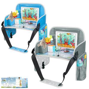 Pack of 2 MENZOKE Kids Travel Tray for Boys or Girls, Travel Tray for Kids Car Seat with Tablet Holder, Dry Erase Board & Cooler Cup Holder, Road Trip Essentials Accessories for Car Trip, Airplane (Grey+Blue)