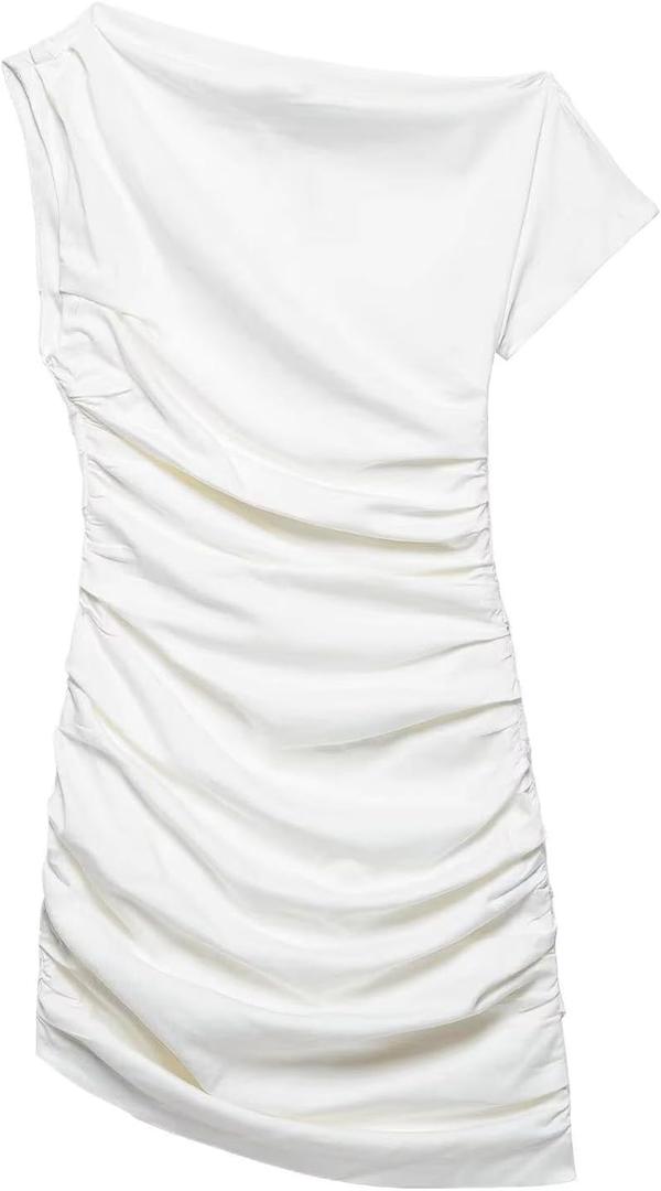 Summer Short Sleeve Mini Pleated Skirt Dress Diagonal Collar Slim (X-Small, White)