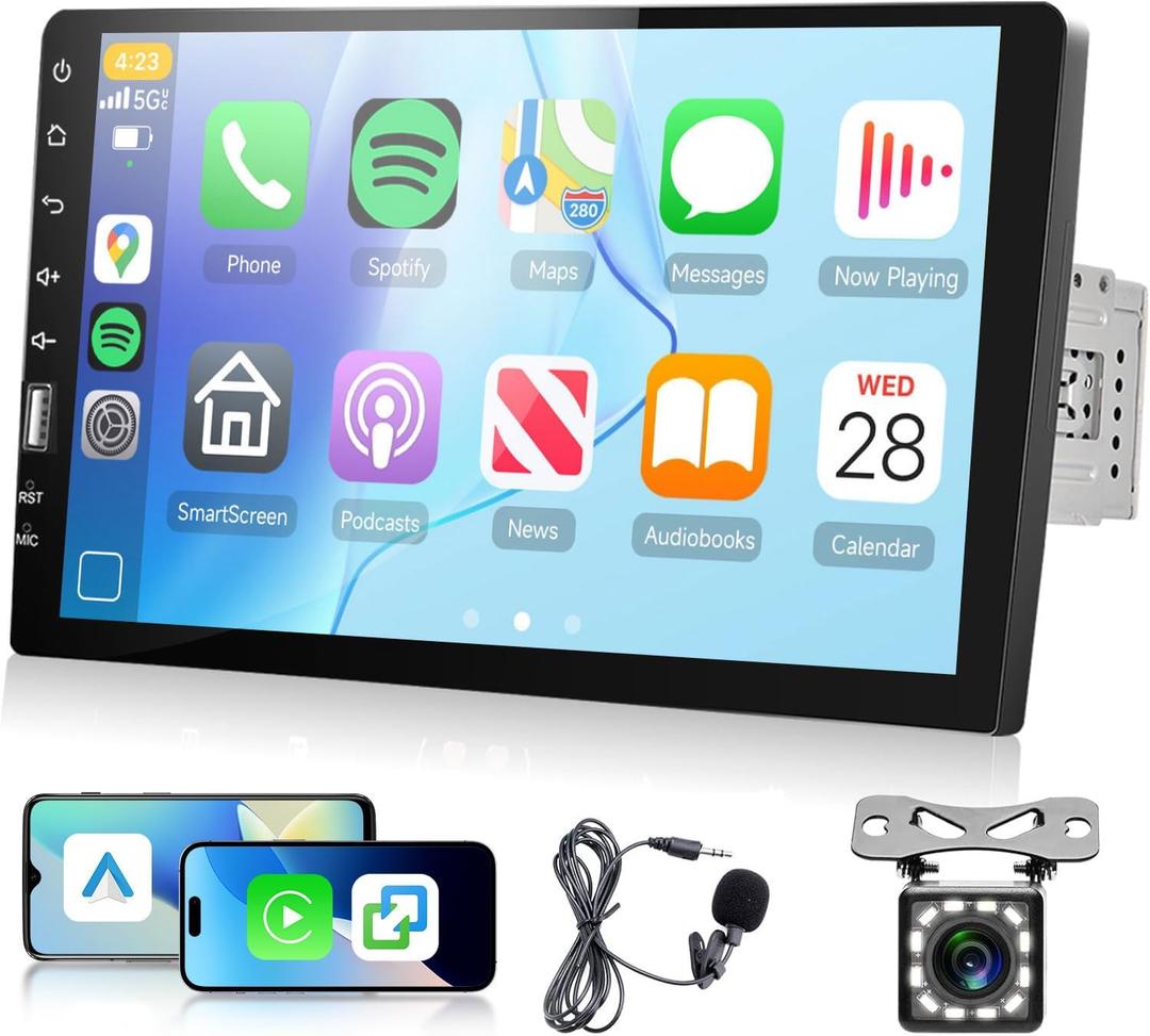 Single Din 9 Inch Car Radio with CarPlay & Android Auto,Hodozzy Touch Screen Car Stereo, Mirror Link, FM AM Audio, Bluetooth 5.0 | Backup Camera Input & SWC+MIC, Car Multimedia Player