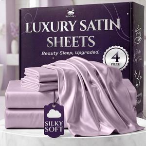 SLEEP SANCTUARY Satin Sheets Queen Size 4 Piece Luxury Silky Bed Set, Softer Than Silk, 15" Deep Pocket, Cooling & Wrinkle-Free, Moisture-Wicking & Breathable for Hair & Skin (Lavender)