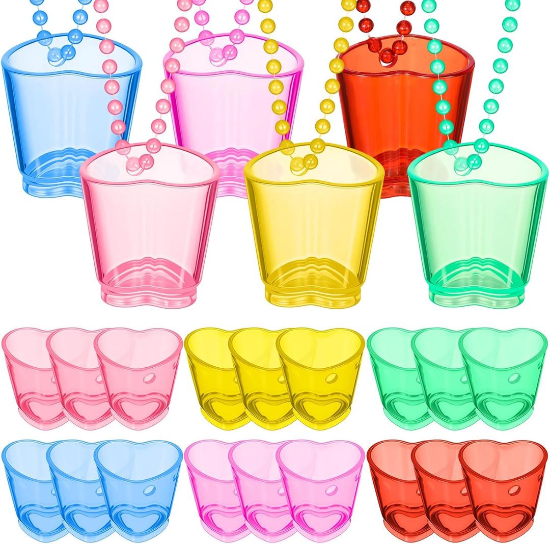 Sieral 12 Set Rainbow Shot Glass on Beaded Necklace Bachelorette Heart Shaped Shot Glasses Cute Plastic Cups Necklace Beaded Set for Birthday Wedding Theme Festival Party Favors Supplies Decorations
