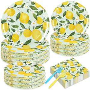 96 Pcs Lemon Party Decorations Summer Lemon Birthday Party Supplies Plates Napkins and Forks for Yellow Lemon Baby Shower Bridal Shower Serves 24