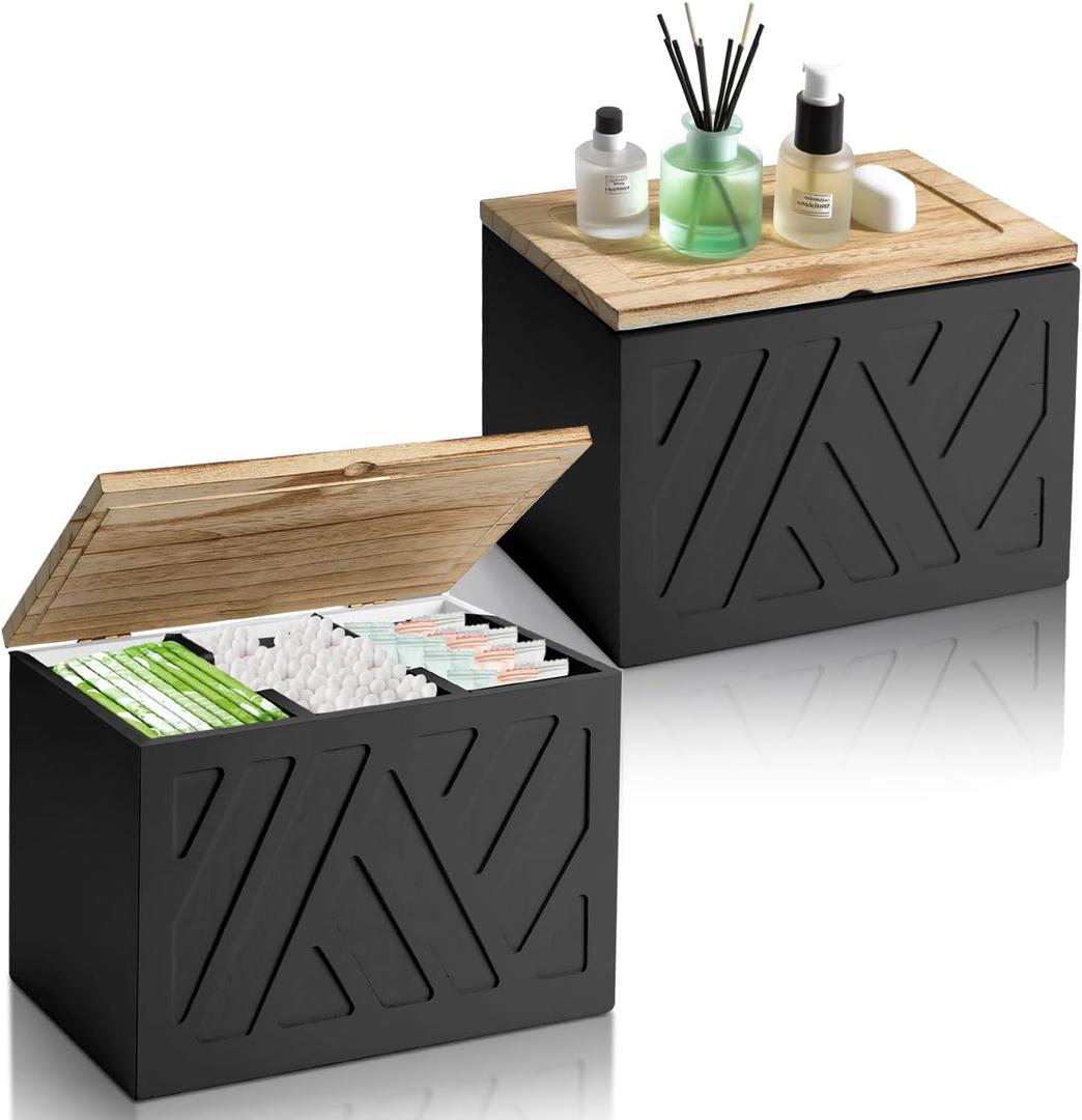 2Pcs Tampon Holder for Bathroom Decor, Feminine Product Organizer, Shark Week Tampon Storage with Lid, Wood Pad Box for Toilet, Lady Girl Stuff Organizer Case Bathroom Accessories- Black