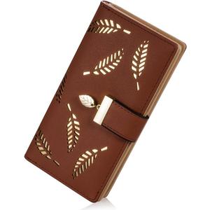Sweet Cute Chocolate Women's Long Leaf Bifold Wallet Leather Card Holder Purse Zipper Buckle Elegant Clutch Wallet Handbag for Women - Brown