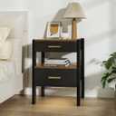Nightstand with 2 Drawers and Open Shelf Wood Bedside Table Gold Handles Storage Night Stand with Light for Bedroom, Black and Brown (11.8 inches D x 17.1 inches W x 23.6 inches H)