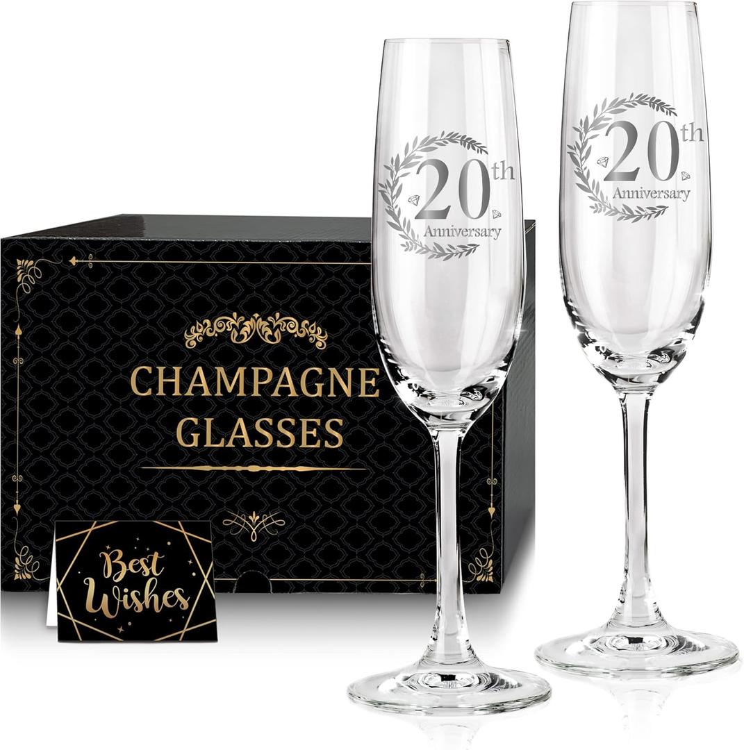 20th Anniversary Champagne Flutes, Wedding Gifts Anniversary for Couple, 20th Wedding Anniversary Champagne Flutes Glasses Set of 2, Couple gifts, 20th Anniversary for Couples Gift (2 Count (Pack of 1))