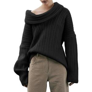 Saodimallsu Womens Off The Shoulder Sweater Top Oversized Fall Batwing Boat Neck Knit Sexy Casual Pullover (Medium, Black)