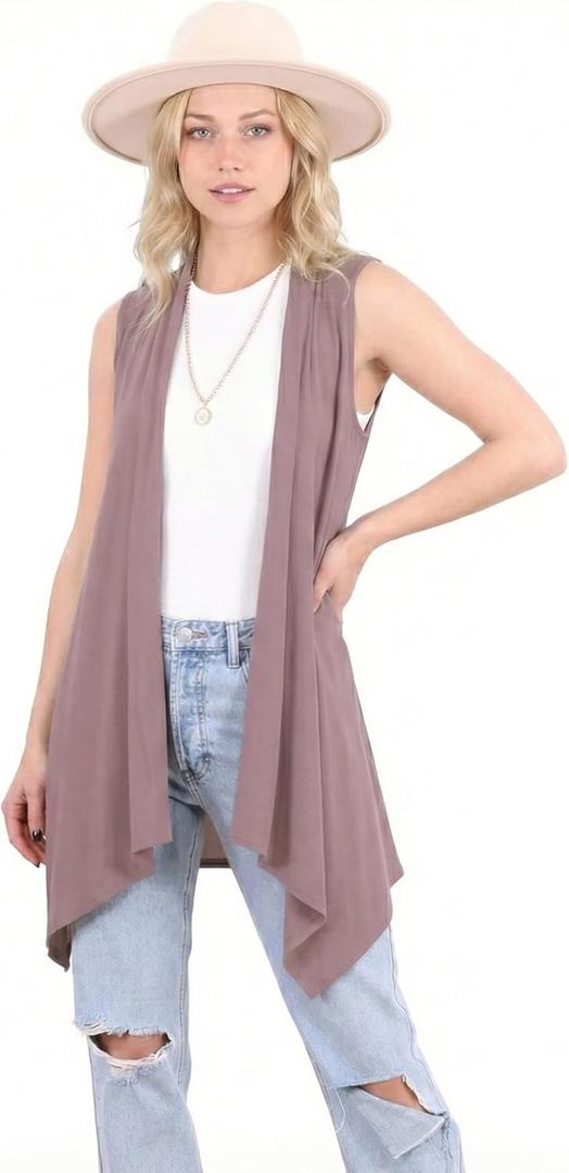 Popana Long Sleeveless Cardigan for Women  Draped Open Front, Asymmetric Hem Long Sweater Vest (Small, Toffee)
