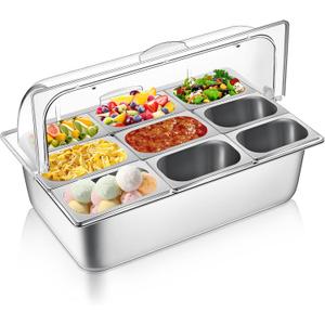 Countertop Food Serving Display Container and Clear Roll Top Cover Stainless Steel Food Serving Tray Buffet Condiment Dispenser Display Rack for Restaurant Hotel Kitchen Party (9 Pan)