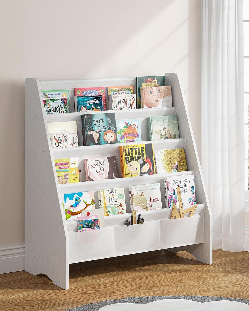 SEIRIONE Sturdy Kids Bookshelf, Eco-Safe 4-Tier Sling Bookshelf for Kids Room with Tear-Proof Oxford Fabric, Ideal Height for Easy Book Access, Deep Slings to Keep Books Upright, White/Wood Texture