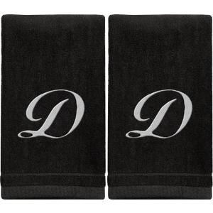 Monogrammed Towels Fingertip, Personalized Gift, 11 x 18 Inches - Set of 2 White Embroidered Towel - Extra Absorbent 100% Cotton - Soft Velour Finish - For Bathroom/ Kitchen/ Spa - Initial D (Black)